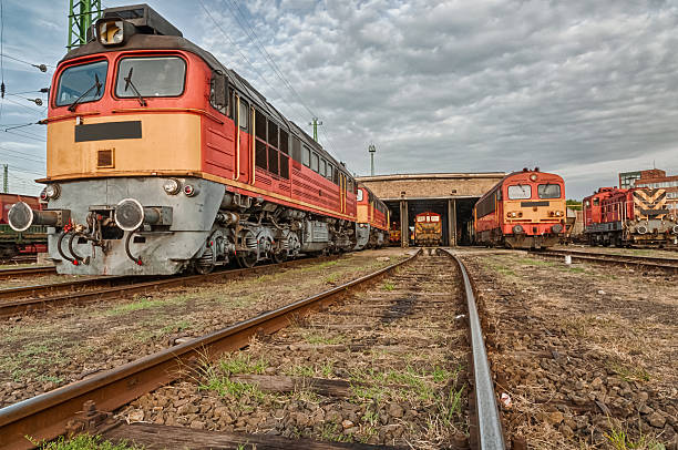 istock Diesel locomotives at a railyard 186225601