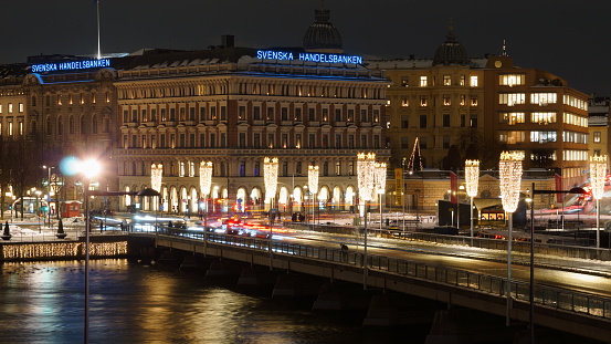 Stockholm, Sweden December 12, 2023. Svenska Handelsbanken in Stockholm in late evening