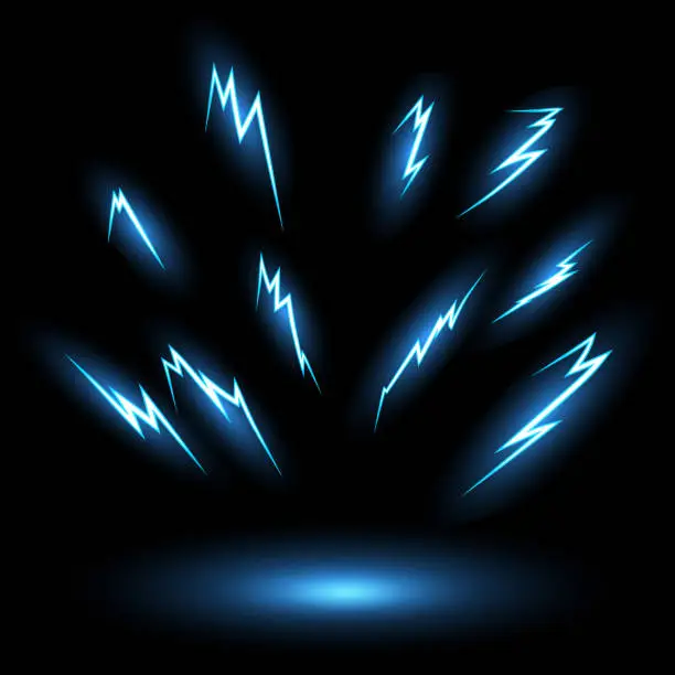 Vector illustration of Cartoon lightning animation.Blue glowing storm lightning.