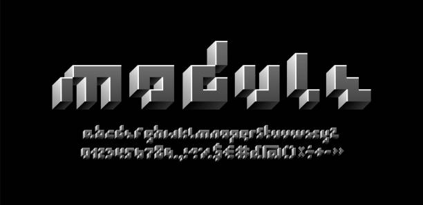 3d пиксельный шрифт, алфавит выполнен в стиле серого прямоугольника, геометрические буквы и цифры, векторная иллюстрация 10eps - letter j block toy alphabet stock illustrations