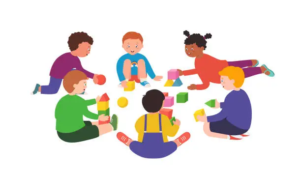 Vector illustration of Children play with toys with cubes, rings, and balls with each other. Little preschool children have fun while playing.