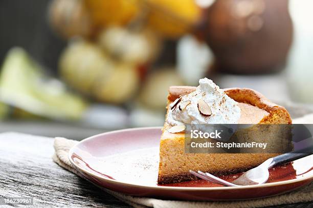 Pumpkin Cheesecake Pie Stock Photo - Download Image Now - Cheesecake, Pumpkin, Almond