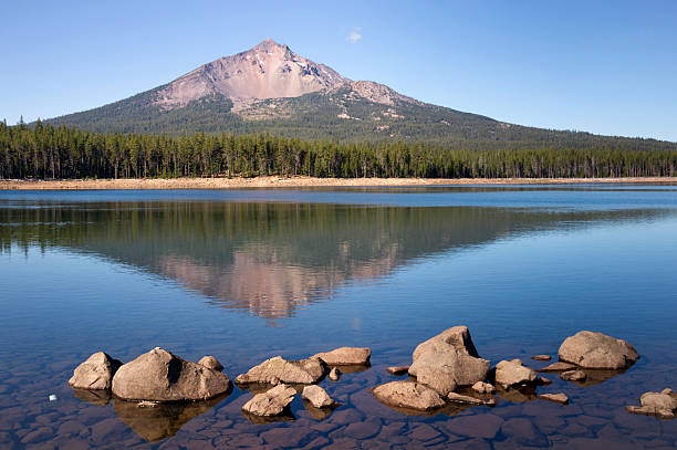 Four Mile Lake shows a nearly perfect reflection for Mt McLoughlin