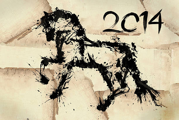 istock Year of horse draw 2014 black ink 186232189