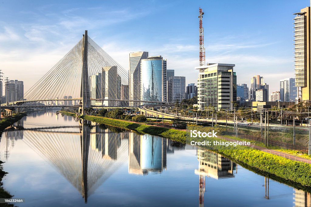 A scenic picture of Ponte Estaiada View of Pinheiros River and Estaiada Bridge from Morumbi Bridge Fir Tree Stock Photo