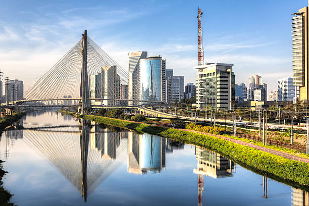 A scenic picture of Ponte Estaiada View of Pinheiros River and Estaiada Bridge from Morumbi Bridge 2014 stock pictures, royalty-free photos & images