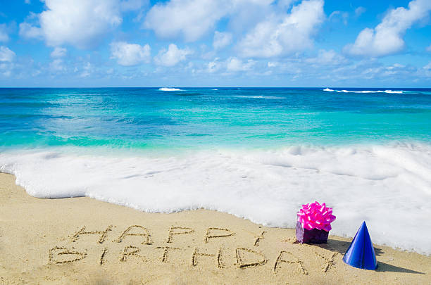 Sign "Happy Birthday" on the sandy beach stock photo