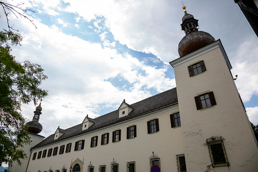 Gmunden , Austria - June 17, 2023: Landschloss Castle in Gmunden on Lake Traunsee in Austria