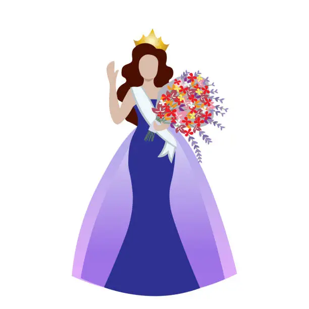 Vector illustration of An elegant beauty queen winner in dark blue evening gown with sash and crown, and holding flower bouquet