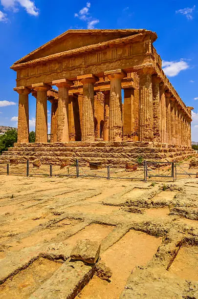 Vertical view of ruins of ancient temple in Agrigento, Sicily, Italy