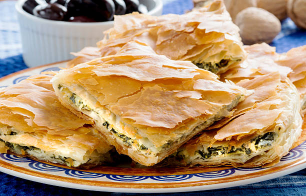 OPA! Spanakopita - Greek Spinach Pie with Olivess stock photo