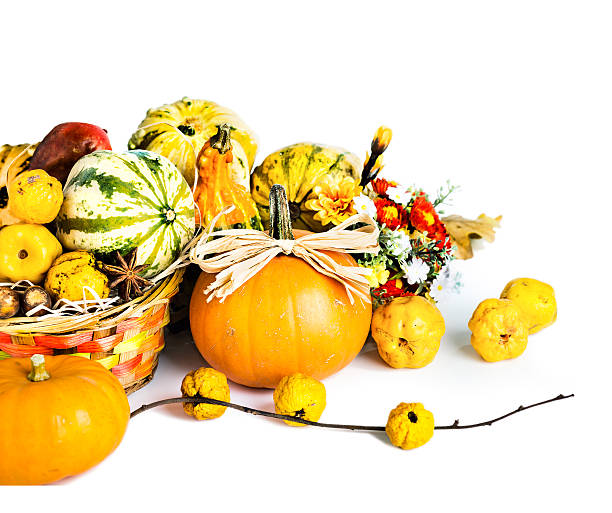istock Autumn pumpkins and quitte on white background 186235630