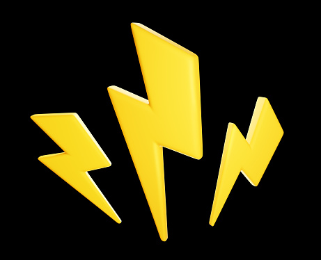 3d render yellow lightning sign. Stop, danger, energy. Modern cartoon illustration isolated on black background