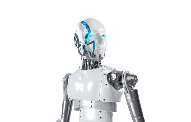 3D render of AI humanoid robot with digital graphic brain engine inside head isolated on white background with clipping path