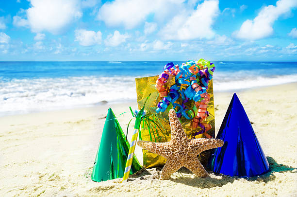 Birthday decorations on the beach stock photo