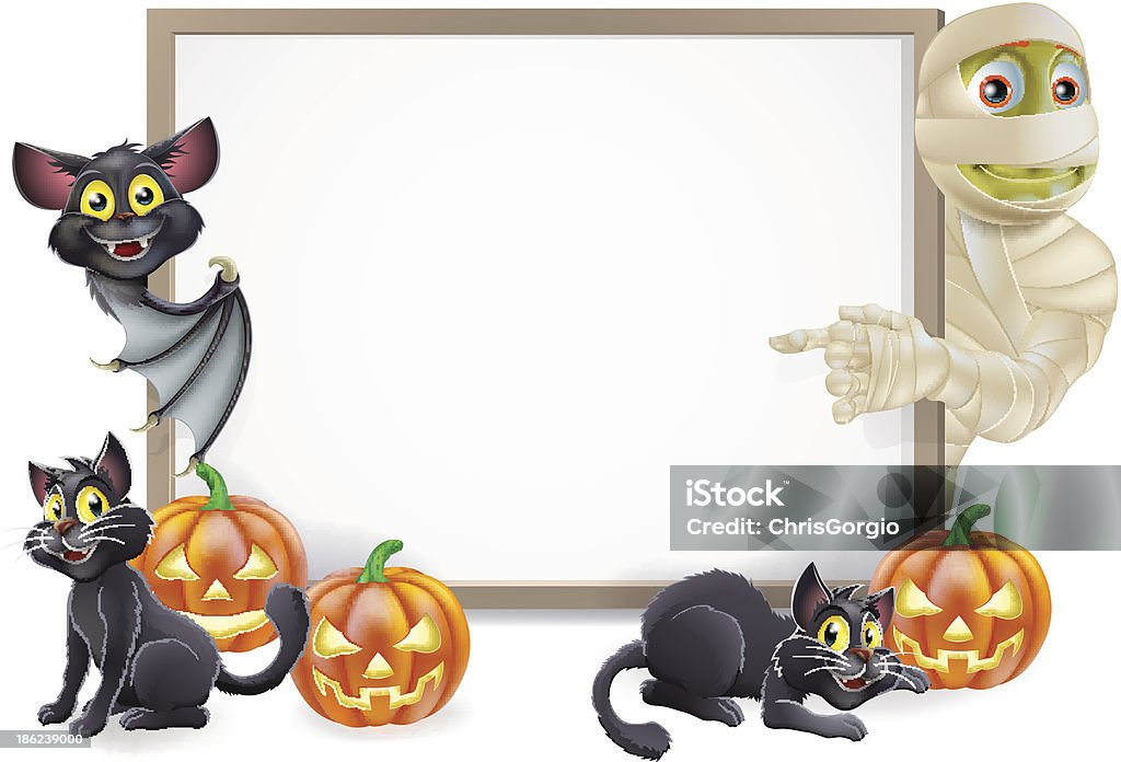 Halloween Sign with Mummy and Bat Halloween sign or banner with orange Halloween pumpkins and black witch's cats, witch's broom stick and cartoon mummy and vampire bat characters. Cute stock vector