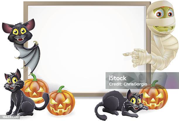 Halloween Sign With Mummy And Bat Stock Illustration - Download Image Now - Cute, Monster - Fictional Character, Mummified