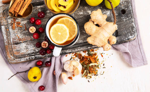 Hot drinks with honey, lemon and ginger for remedy.