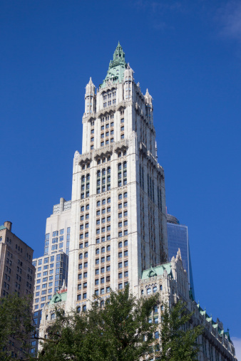 The historic Woolworth Building in lower Manhattan on beautiful sunny day in New York City.