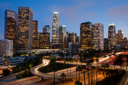 Long exposure of Downtown Los Angeles at twilight.