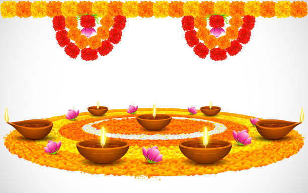 Decorated Diwali Diya on Flower Rangoli illustration of decorated Diwali diya on flower rangoli flower rangoli stock illustrations