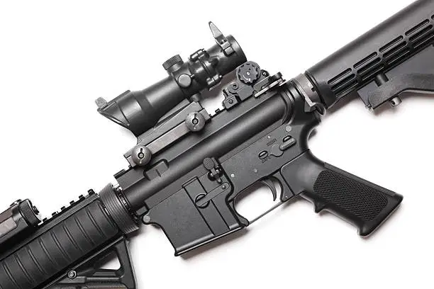 The Black Rifle. Body of AR-15 carbine on white close-up. Studio shot.