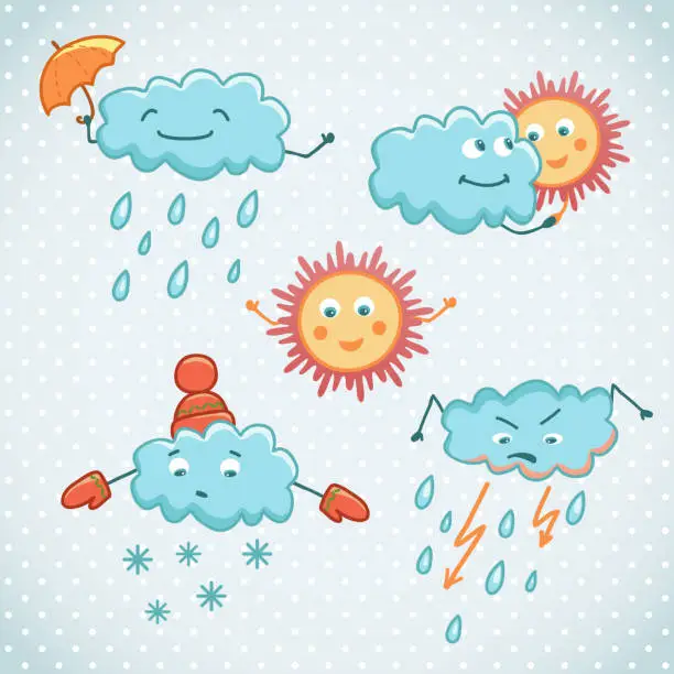 Vector illustration of Cartoon weather icons. Funny characters for your design.