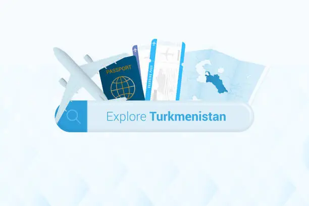 Vector illustration of Searching tickets to Turkmenistan or travel destination in Turkmenistan. Searching bar with airplane, passport, boarding pass, tickets and map.
