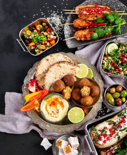 istock Middle eastern or Arabic different dishes on black background. Tasty traditional food concept 1862428126
