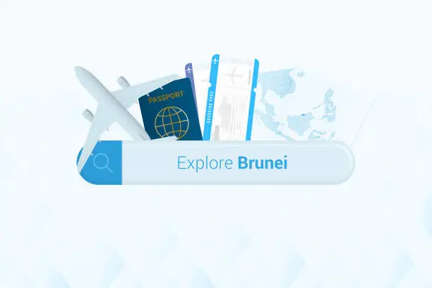 Vector illustration of Searching tickets to Brunei or travel destination in Brunei. Searching bar with airplane, passport, boarding pass, tickets and map.