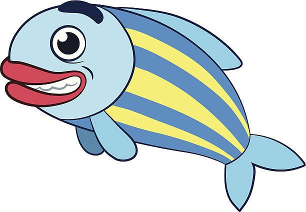 Cute grinning fish with red lips Cartoon illustration of a cute happy grinning fish with red lips showing white teeth and a striped blue and yellow body isolated on white cartoon of fish with lips stock illustrations