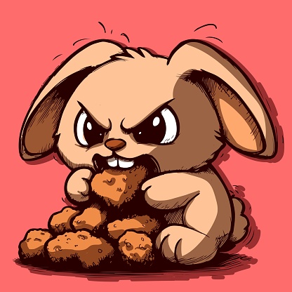 Vector of a small kawaii cartoon bunny being angry and eating chicken nuggets. Anthropomorphic rabbit devouring fast food