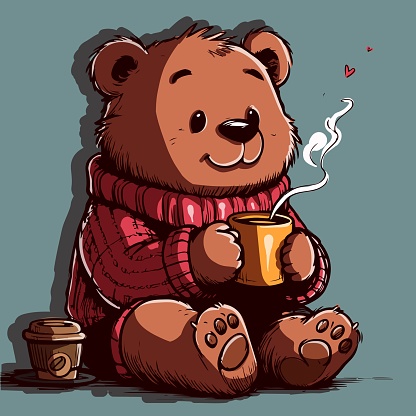 Vector of a cartoon bear with a sweather drinking a cup of hot chocolate. Morning anthropomorphic animal holding a mug of coffee