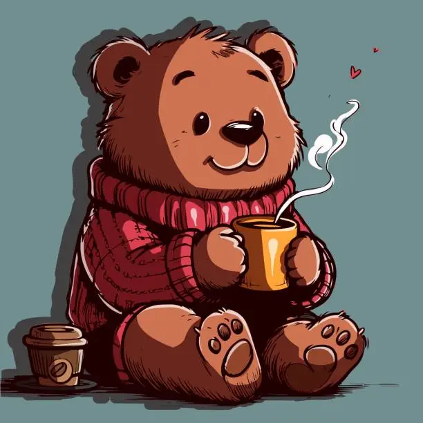 Vector illustration of Vector of a cartoon bear with a sweather drinking a cup of hot chocolate. Morning anthropomorphic animal holding a mug of coffee