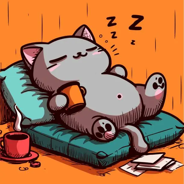 Vector illustration of Drawing of a sleepy cat laying on a pillow with a coffee cup in the hand. Vector of a cartoon anthropomorphic kitty sleeping on a bed