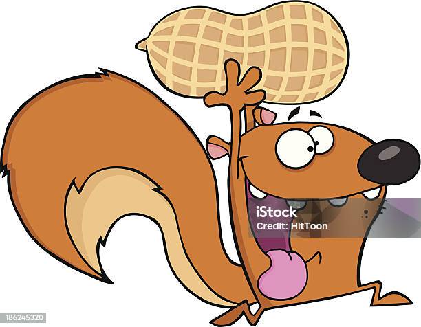 Crazy Squirrel Cartoon Mascot Character Running With Big Peanut Stock Illustration - Download Image Now