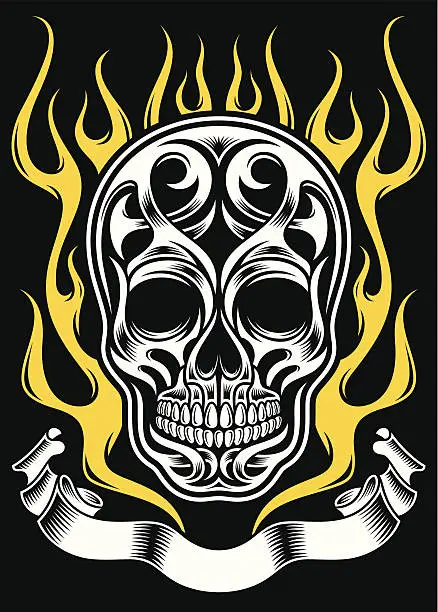 Vector illustration of Ornate Flame Skull Tattoo