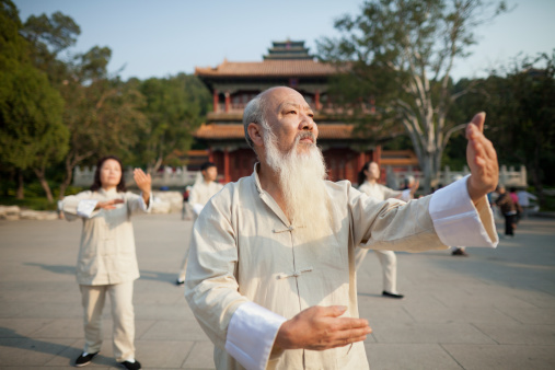 Early morning in spring in the Jingshan Park (located north of the Forbidden City in Beijing, China). The area used to be part of the Forbidden City but is now a separate public park. In the middle of the park is Jingshan Hill (or Prospect Hill) with the Wanchun Pavilion (or Pavilion of Everlasting Spring or Ten Thousand Spring Pavilion). The picture shows the view looking south from the Jingshan Hill towards the Forbidden City.