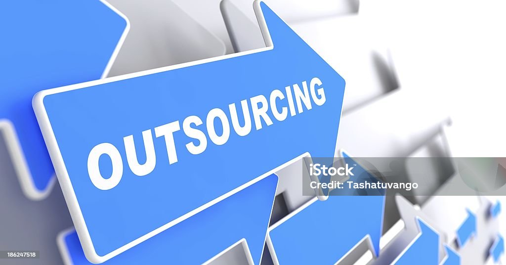 Blue and white arrows that say outsourcing Outsourcing - Business Background. Blue Arrow with "Outsourcing" Slogan on a Grey Background. 3D Render. Outsourcing Stock Photo