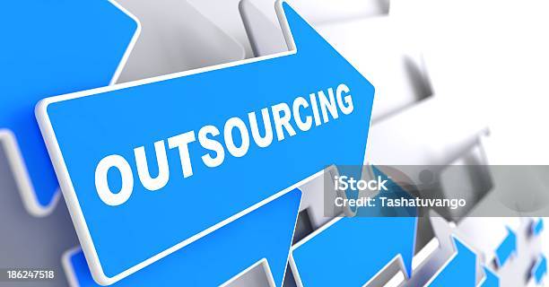 Blue And White Arrows That Say Outsourcing Stock Photo - Download Image Now - Outsourcing, Service, Technology