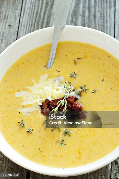 Potato Cream Soup With Bacon And Cheese Stock Photo - Download Image Now - Bacon, Bowl, Cheese