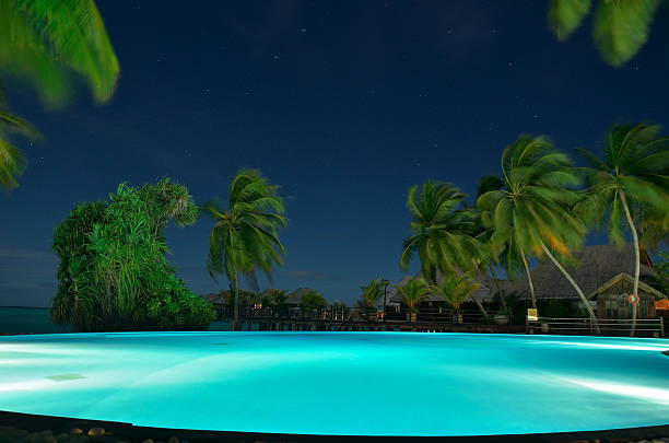 Modern backyard water pool at night.