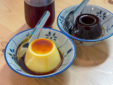 Hime made caramel pudding in a ceramic bowl