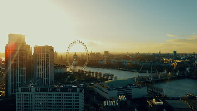 Drone point of view Millennium Wheel in sunny London skyline