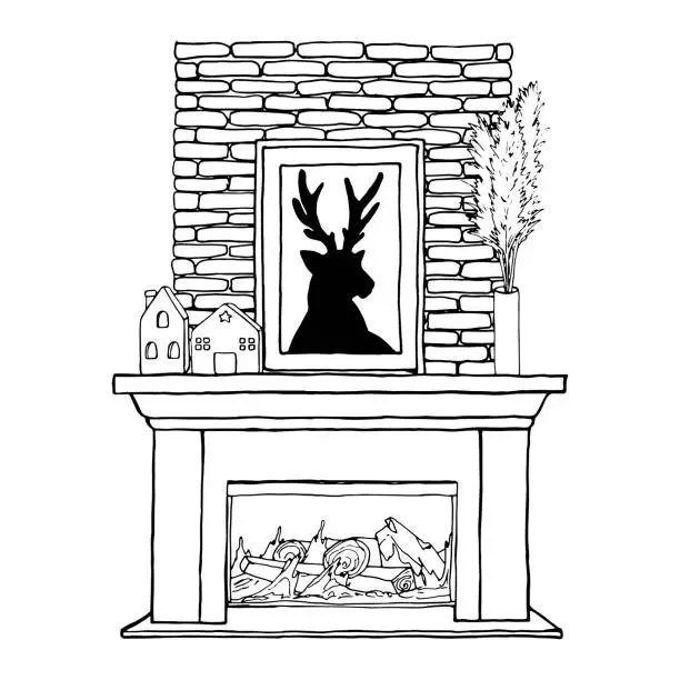 Vector illustration of Vector illustration interior of living room with fireplace, painting with a deer, firewood, ceramic flashlight, candlestick house. A simple line hand drawing. Black contour linear silhouette