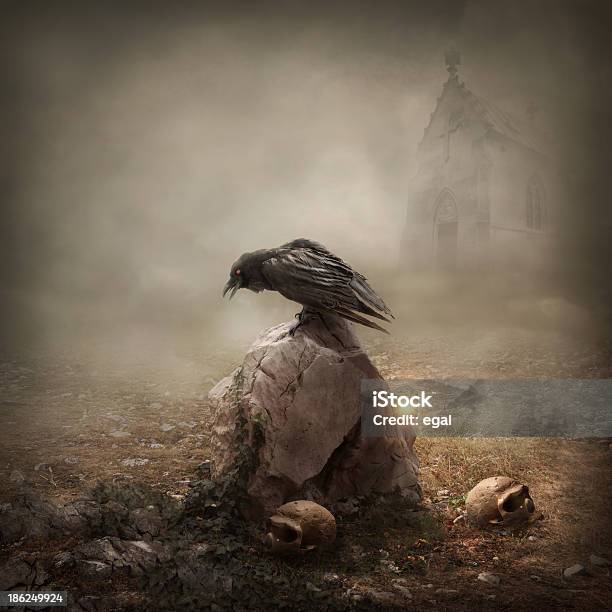Crow Sitting On A Gravestone Stock Photo - Download Image Now - Spooky, Horror, Cemetery