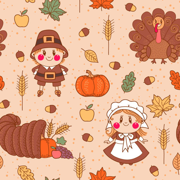 추수감사절! - thanksgiving pilgrim turkey little girls stock illustrations