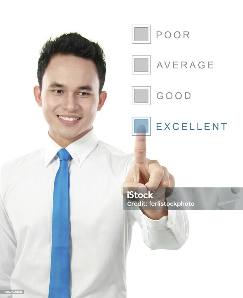 voting businessman click button on modern technology screen. voting concept Adult Stock Photo