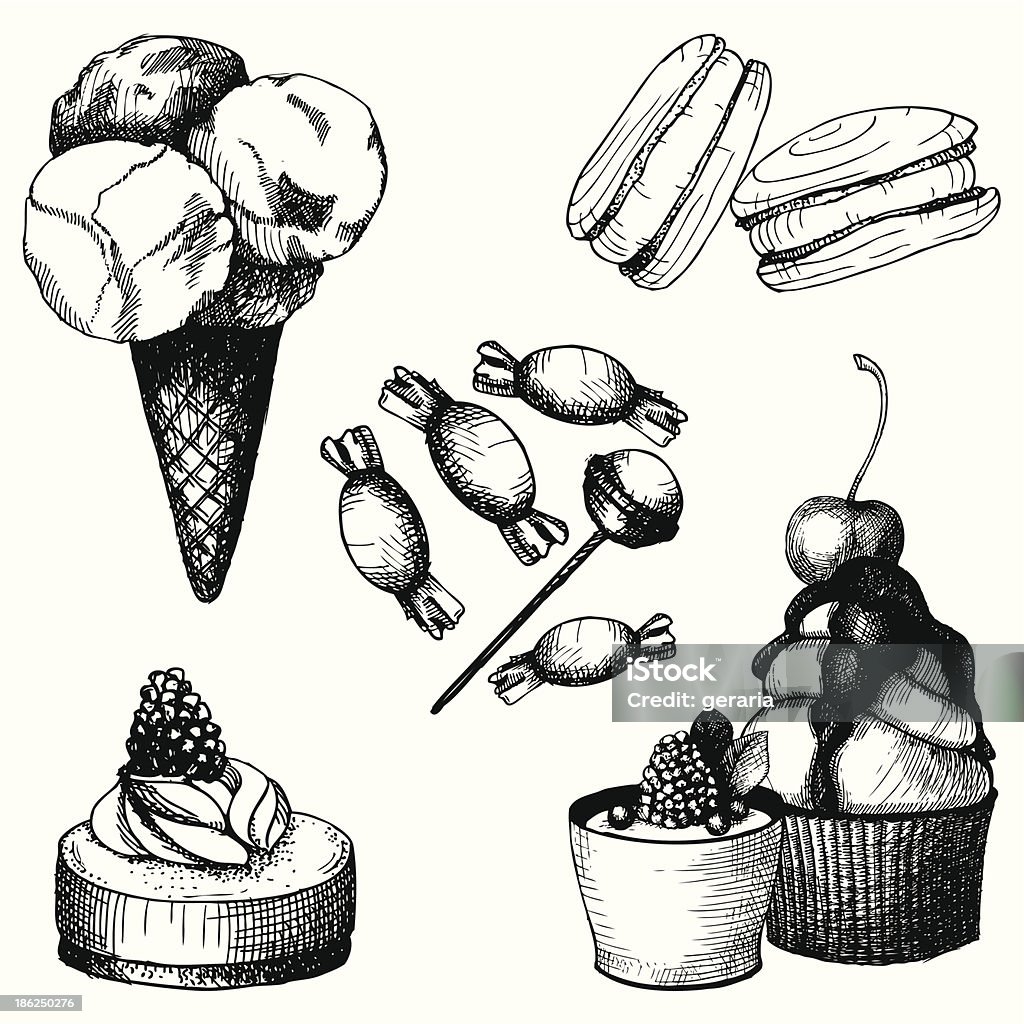 Vektor-Satz von vintage süßen Kuchen und Süßigkeiten. - Lizenzfrei Federzeichnung Vektorgrafik