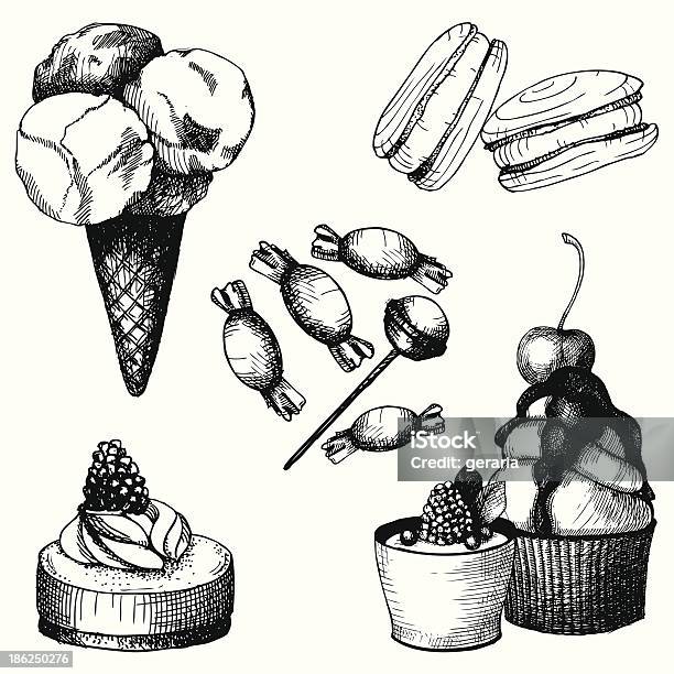 Vecteur Jeu De Gâteau Sucré Vintage Bonbons Vecteurs libres de droits et plus d'images vectorielles de Encre de chine - Encre de chine, Pâtisserie, Aliment